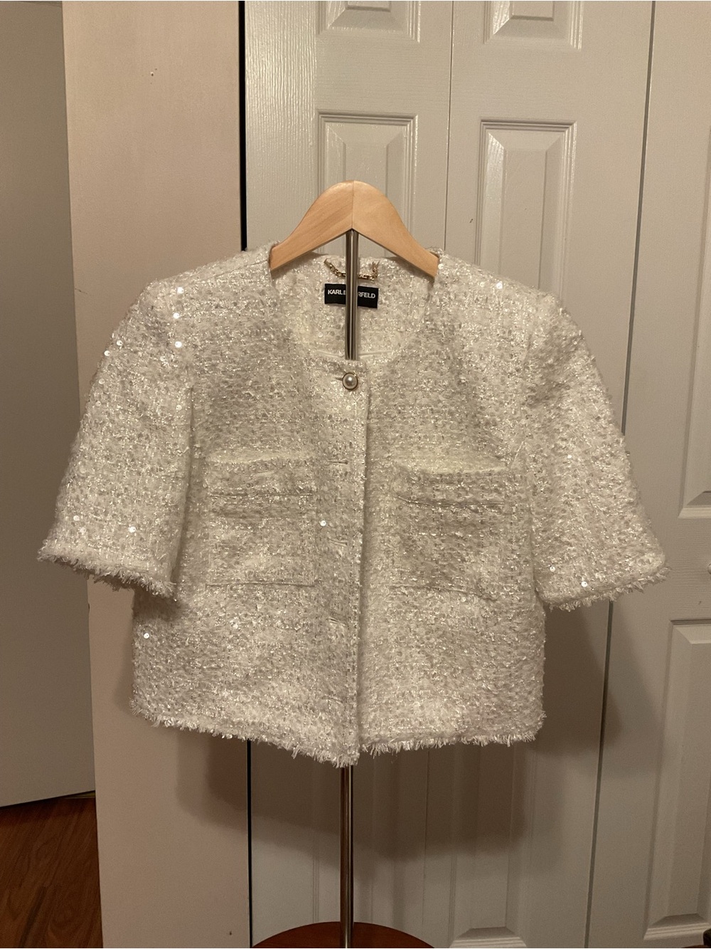 Karl Lagerfeld White Short-Sleeve Bouclé Sequin Jacket
